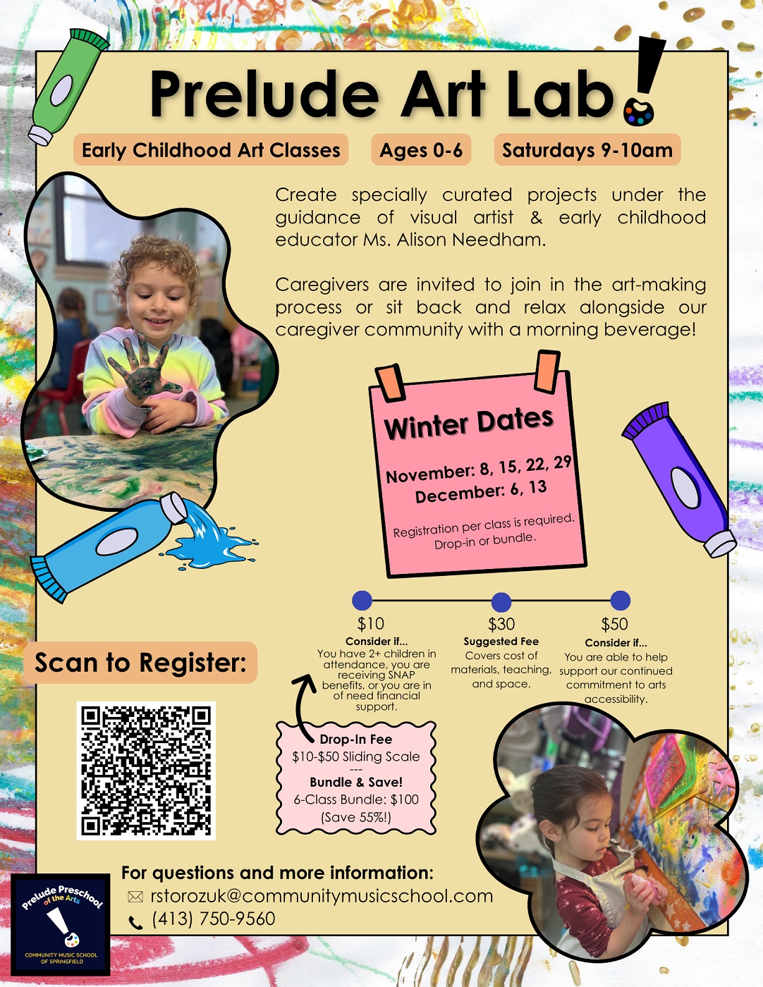 Early childhood art classes for ages 0-6, Saturdays 9-10am, November 8, 15, 22, 29 and December 6 & 13. Create specially curated projects under the guidance of visual artist and early childhood educator Ms. Alison Needham. Caregivers are invited to join in the artmaking prcess or sit back and relax alongside our caregiver community with a morning beverage! Sliding scale fee per session $10/$30/$50 or bundle all 6 for $100. Scan QR code to register.