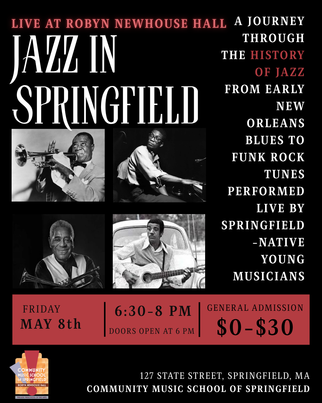 A journey through the history of jazz early new orleans blues to funk rock tunes performed live by springfield native young musicians