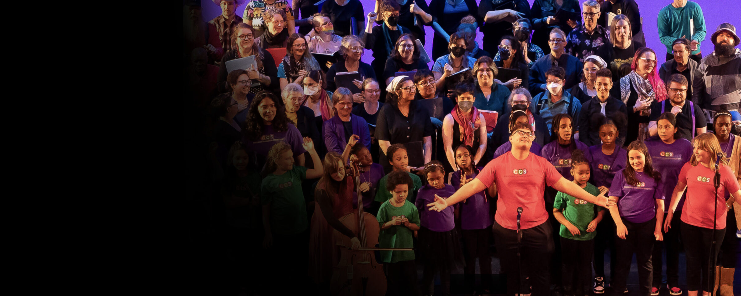 Young students singing in colorful t-shirts
