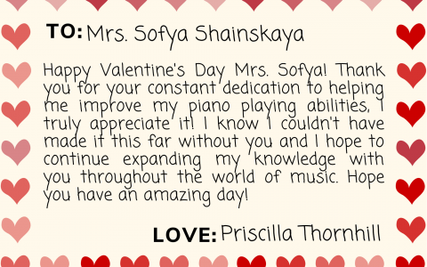 A virtual valentine card for CMSS faculty, has a border of hearts and a note in the middle