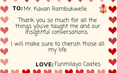 A virtual valentine card for CMSS faculty, has a border of hearts, CMSS logo and a note in the middle