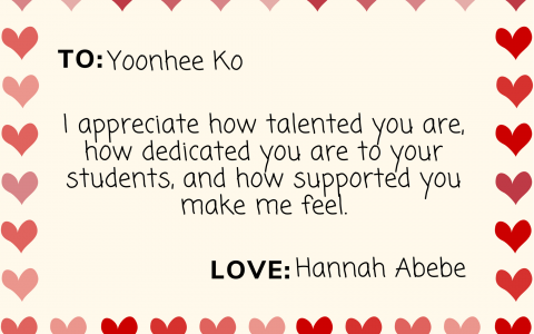 A virtual valentine card for CMSS faculty, has a border of hearts and a note in the middle