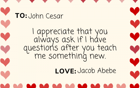 A virtual valentine card for CMSS faculty, has a border of hearts and a note in the middle