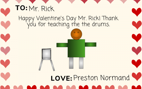 A virtual valentine card for CMSS faculty, note in the middle, hearts around the border and a man with a drum