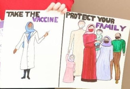 Vaccine Poster, doctor with vaccine and family standing together